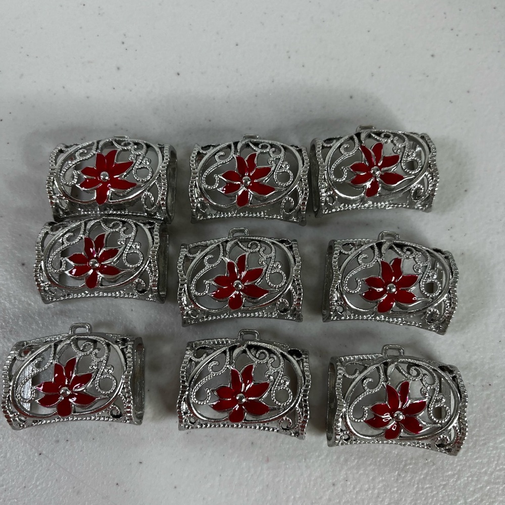 Lot of 9 silver toned scarf slides/bails with red poinsettia - scarf jewelry - Picture 1 of 8